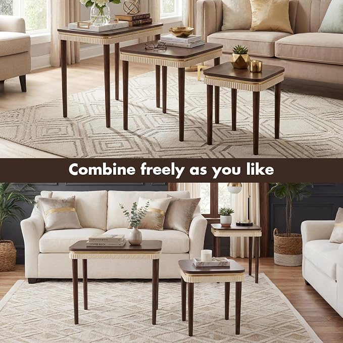 Hyfirm Walnut Side Table End Table Nesting Tables Set of 3, Retro Nesting Tables with Veneered Top & Gold Trim, Mid Century Modern Nesting Wood Coffee Tables for Living Room/Bedroom/Apartment