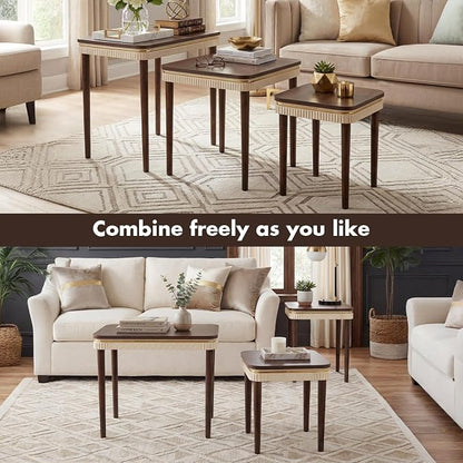 Hyfirm Walnut Side Table End Table Nesting Tables Set of 3, Retro Nesting Tables with Veneered Top & Gold Trim, Mid Century Modern Nesting Wood Coffee Tables for Living Room/Bedroom/Apartment