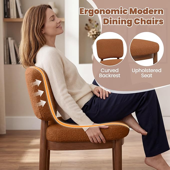 Wooden Dining Chairs Set of 6, Boucle Upholstered Kitchen Chairs with Solid Wood Legs, Mid Century Modern Dining Chairs, Farmhouse Side Chair with Hardwood Frame for Dining Room, Brown