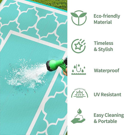 GENIMO 9 ' x 12 ' Outdoor Rug for Patio Clearance, Waterproof Indoor Outdoor Plastic Straw Rugs Carpet, Reversible Outside Area Mat for Camping, Balcony Porch, Deck, Picnic, Beach Aqua Blue & White