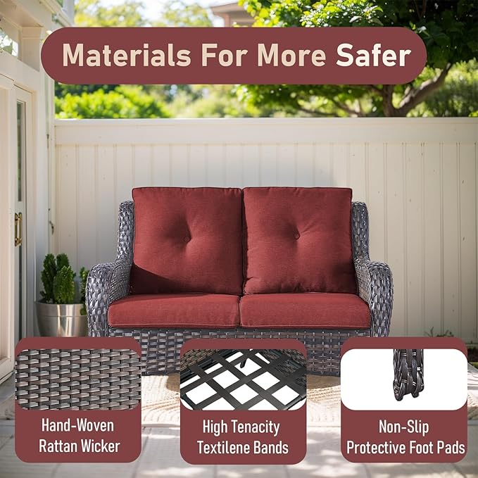 Outdoor Loveseat Sofa - 3 Piece Patio Furniture with Ottoman Deep Seating Patio Couch for Porch Deck Garden Backyard - Brown/Red