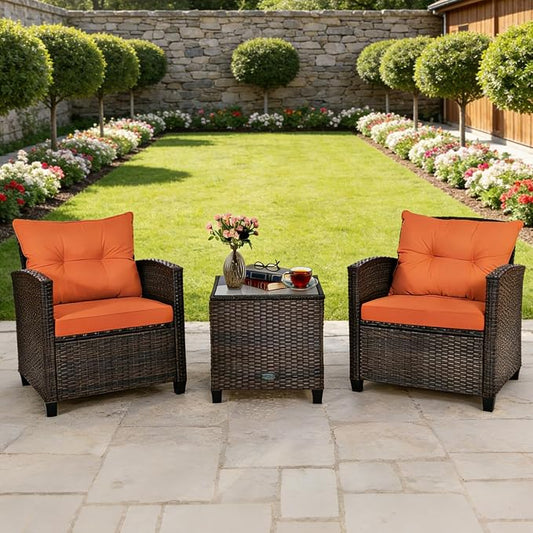 COSTWAY 3PCS Patio Furniture Set, PE Rattan Wicker Sofa w/Washable Cushion and Coffee Table, Tempered Glass Tabletop, Outdoor Conversation Set for Balcony, Porch, Yard, Backyard, Lawn (Orange)