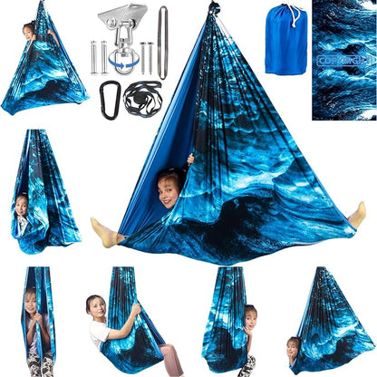 HiCamer Double Layer Sensory Swing for Kids & Adults Holds up to 300lbs Indoor and Outdoor Therapy Cuddle Swing with 360° Swivel Hanger Kit Adjustable with Aspergers Autism ADHD (Ice Teal)