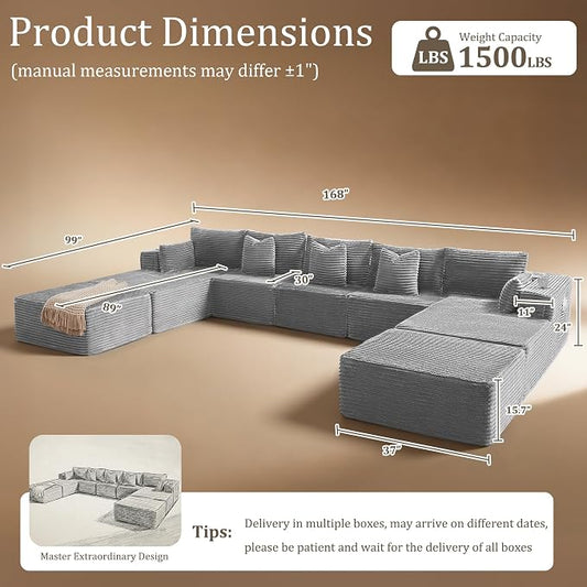 168" Cloud Sectional Couch, Comfort U Shaped Sofa for Living Room, Extra Deep Seats No Assembly, Minimalist Modular Couch, Corduroy (Light Grey, 9 Seats,U-Shape B)