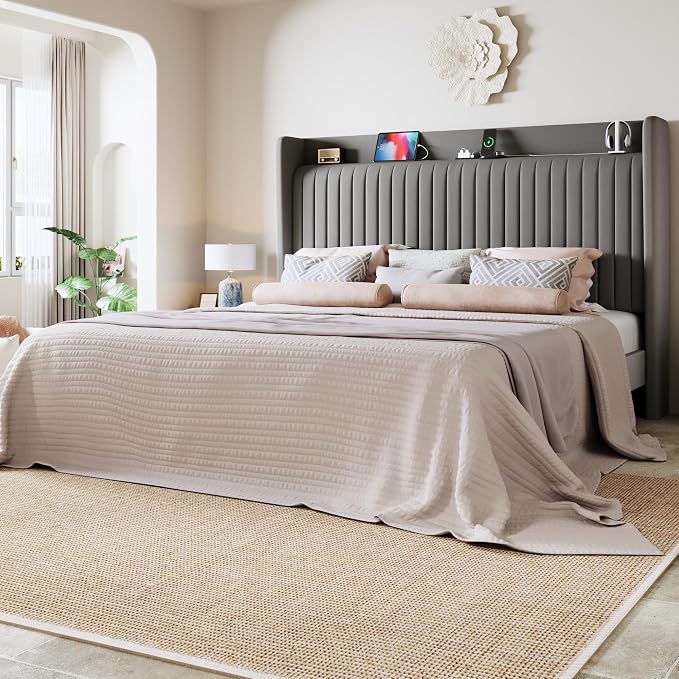 Allewie Queen Size Platform Bed Frame with USB Charging Station and Storage Shelf/Upholstered Velvet Wingback Headboard/Wooden Slats Support/No Box Spring Needed/Easy Assembly, Grey