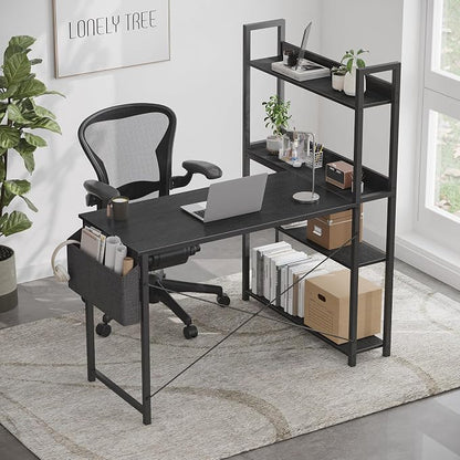 Treesland 55 Inch Small L Shaped Desk, Corner Desk with Bookshelf, Home Office Desk, Writing Study Desk for Bedroom, Black