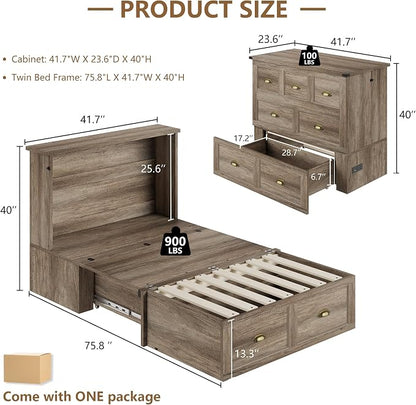 AMERLIFE Twin Size Murphy Bed, Farmhouse Wooden Cabinet with Charging Station and Storage Drawer for Bedroom/Office/Guest Room, Grey Oak