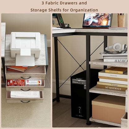 YOSHOOT 55" L Shaped Computer Desk with 3 Fabric Drawers, Gaming Desk | Office Desk with Power Outlets & Open Shelves, Corner Desk L Shape for Home Office Work Study, Grey