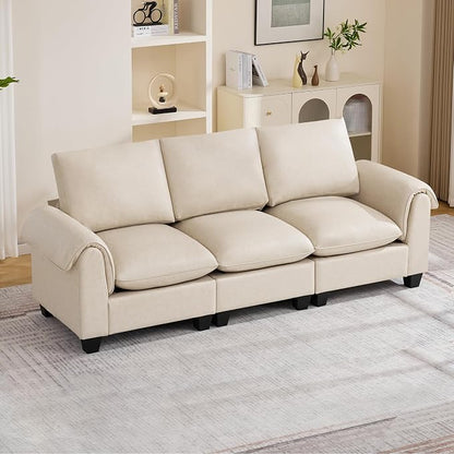 96" Faux Leather Modular Sectional Upholstered Sofa, Oversized 3 Seater Couch with Curved Armrests, Cloud Modern Upholstered Deep Seat Sofa for Living Room, Beige