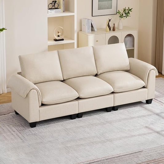96" Faux Leather Modular Sectional Upholstered Sofa, Oversized 3 Seater Couch with Curved Armrests, Cloud Modern Upholstered Deep Seat Sofa for Living Room, Beige