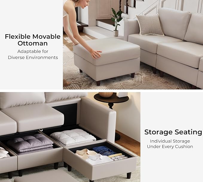 ABCASA Modular Sectional Loveseat Sofa Couch with Storage Seats, 3 Seater L Shaped Couch with Movable Ottoman for Small Spaces, Whitesand