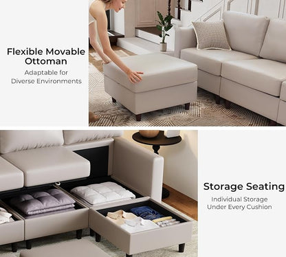ABCASA Modular Sectional Loveseat Sofa Couch with Storage Seats, 3 Seater L Shaped Couch with Movable Ottoman for Small Spaces, Whitesand