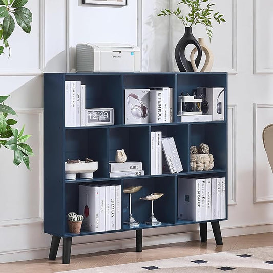 LEYAOYAO 10 Cube Bookshelf,3 Tier Modern Wide Bookcase with Legs,Mid-Century Wood Bookshelves Storage,Dark Blue Large Book Case,Freestanding Organizer Display Shelf for Bedroom,Living Room,Office