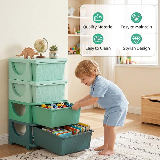 Qaba 4 Drawers Kids Storage Unit, 4 Tier Stackable Toy Organizers and Storage Chest for Bedroom, Nursery, Playroom, Living Room, Boys, Girls, Toddlers, Green