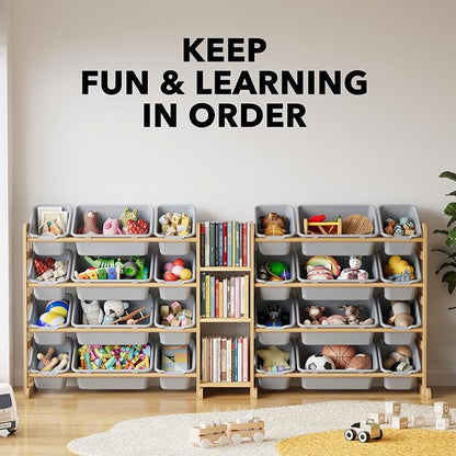 SpaceAid Large Toy Storage Organizer with 24 Bins and 3 Shelves, Toy Organizers Storage Bookshelf, Kids Bin Shelf Box Bookcase for Bedroom Playroom Organization Room Decor, Neutral Gray