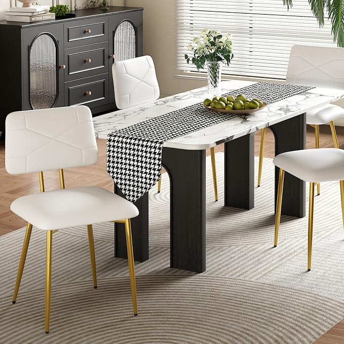 VECELO Dining Chairs Set of 4, Modern Upholstered Kitchen Chairs with Faux Leather Cushion Seat & Metal Legs for Kitchen, Living Room, Tufted Backrest Design, White