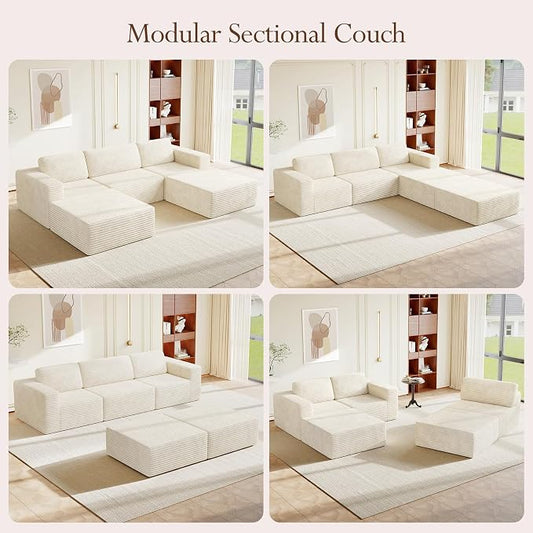 Vesgantti 119" Oversized U-Shaped Modular Sectional Sofa, Corduroy Cloud Couch with Deep Seating & Spring Support, Convertible Sofa with 2 Ottomans, Boneless Couch, No Assembly Required, Beige