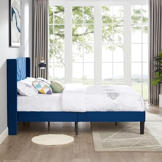 VECELO Upholstered Platform Full Bed Frame with Fabric Headboard,Wooden Slats Support/No Box Spring Needed/Mattress Foundation,Dark Blue