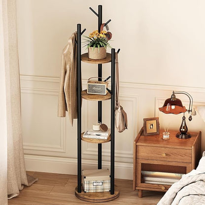 Espelism Rotary Coat Rack Freestanding Metal Coat Hall Tree Stand with 4 Tiers Storage Display Shelf and 9 Hooks for Entryway Bedroom Corner Office Garment Clothes Holder (Brown)