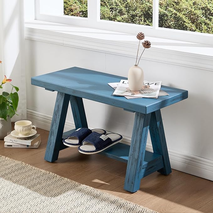 Farmhouse Wood Bench, Rustic Indoor Storage Bench Solid Wood Entryway Bench with Shoe Storage 2-Tier Narrow Bench Seat Indoor for Entryway, Living Room, Dining Room, Hallway, Blue