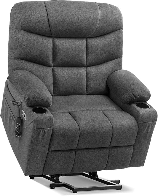 Tami Tami Dual Motor Power Lift Chair Recliner for Elderly with Massage and Heat, Infinite Position Electric Lift Recliner with USB A&C, Cup Holders (T6012 - Linen Fabric, Gray, Oversized)
