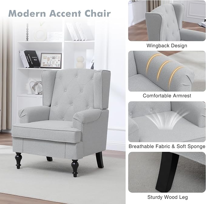 Accent Chair Set of 2, Mid Century Modern Fabric Wingback Chair, Upholstered Armchair with High Back and Vintage Legs, Comfy Single Sofa Side Reading Chair for Living Room Bedroom, Light Grey