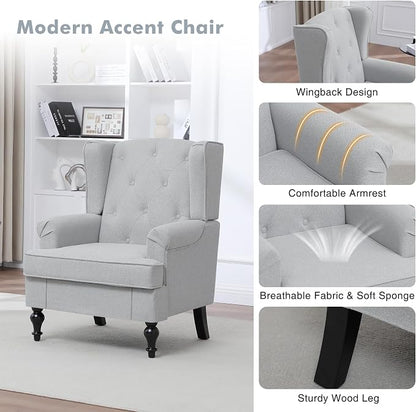 Accent Chair for Living Room, Mid Century Modern Upholstered Armchair, Wingback Chair with Tufted High Back and Solid Legs, Comfy Single Sofa Side Chairs for Bedroom, Light Grey