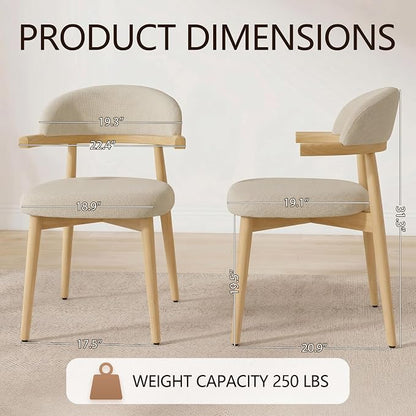MOJAY Dining Chairs Set of 4 Natural Oak, Linen Beige with Curved Armrests