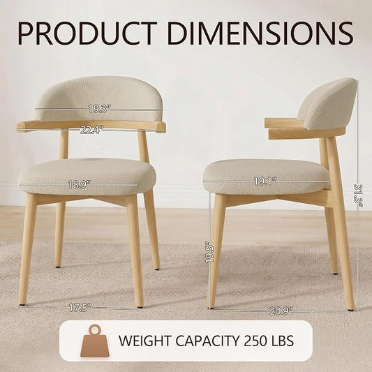 MOJAY Dining Chairs Set of 4 Natural Oak, Linen Beige with Curved Armrests