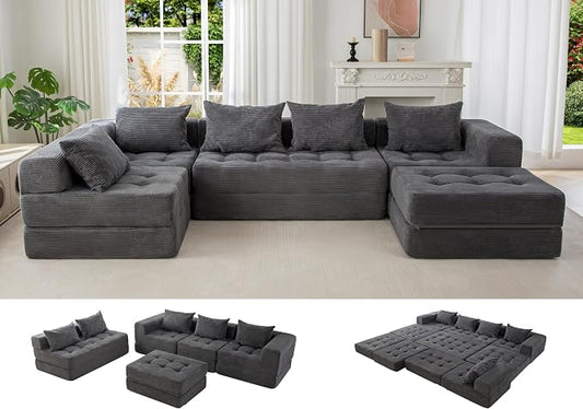 MAXYOYO Modular Sectional Sofa Couch, Foldable U Shaped Cloud Couch with Pillows, Tufted 6-Seat Boneless Lounger Floor Sofa Bed for Living Room, No Assembly Required, Dark Grey