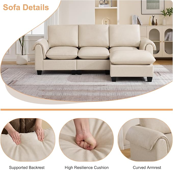 96" Faux Leather Modular Sectional Sofa with Movable Ottoman, Oversized 3 Seater Couch with Curved Armrests, Cloud Modern L-Shaped Sofa Deep Seat for Living Room, Beige