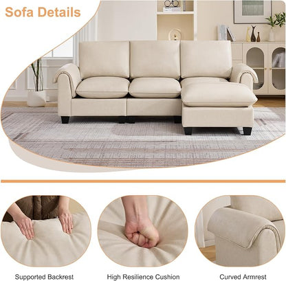 96" Faux Leather Modular Sectional Sofa with Movable Ottoman, Oversized 3 Seater Couch with Curved Armrests, Cloud Modern L-Shaped Sofa Deep Seat for Living Room, Beige