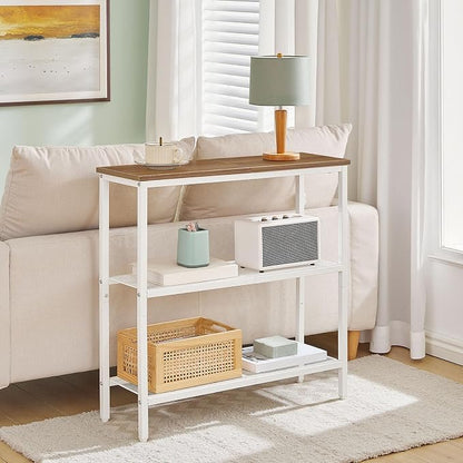 HOOBRO 29.5" Narrow Console Table, 3 Tier Entryway Table with Shelves, Thin Sofa Table, Behind Couch Table, Display Side Table, for Hallway, Entrance, Living Room, Walnut and White WH73XG01
