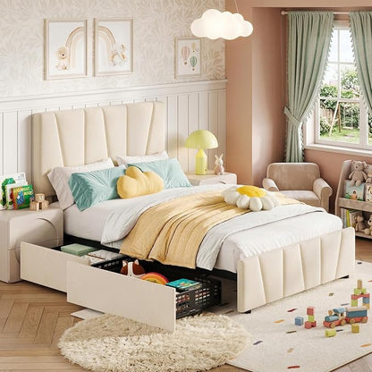 Twin Size Bed Frame with Upholstered Headboard & 2 Storage Drawers with Wheels, Platform Bed Frame with Wooden Slat Support, Adjustable Headboard, No Box Spring Needed, Noise-Free, for Bedroom