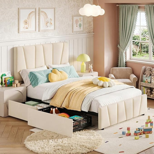 Twin Size Bed Frame with Upholstered Headboard & 2 Storage Drawers with Wheels, Platform Bed Frame with Wooden Slat Support, Adjustable Headboard, No Box Spring Needed, Noise-Free, for Bedroom