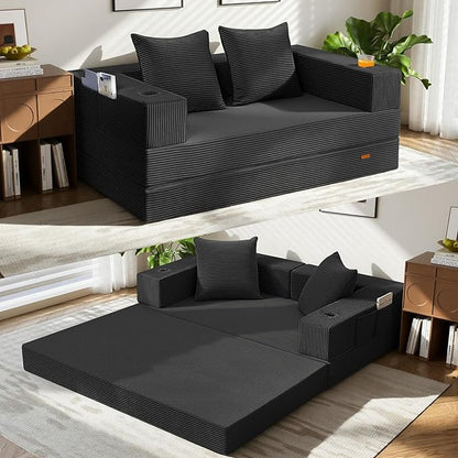 COMAX Futon Sofa Bed, Convertible Sofa Bed, Folding Boneless Couches | Boneless Couch for living room, 4‑in‑1 Fold Out Small Foldable Loveseat Floor Sleeper Mattress Lounge Space‑Saving, Black
