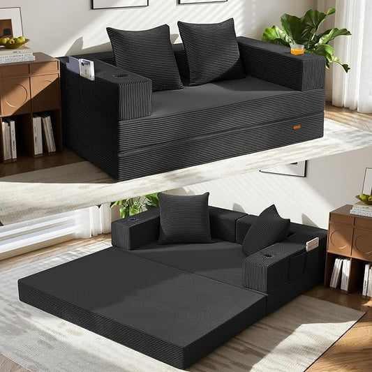COMAX Futon Sofa Bed, Convertible Sofa Bed, Folding Boneless Couches | Boneless Couch for living room, 4‑in‑1 Fold Out Small Foldable Loveseat Floor Sleeper Mattress Lounge Space‑Saving, Black