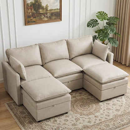 80" Beige Faux Leather Storage 3 Seater Sofa with 2 Ottomans, Comfy Couch | Convertible Modular Sectional Sofa, U Shaped Oversized Couch, Upholstered Large Cloud Couch For Living Room, Apartment.