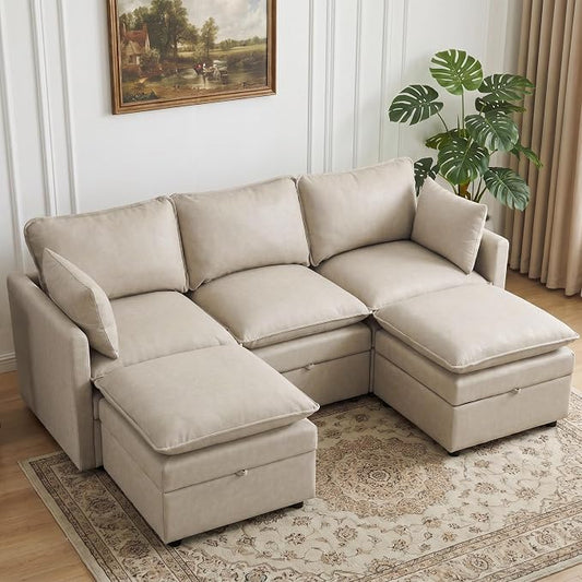 80" Beige Faux Leather Storage 3 Seater Sofa with 2 Ottomans, Comfy Couch | Convertible Modular Sectional Sofa, U Shaped Oversized Couch, Upholstered Large Cloud Couch For Living Room, Apartment.
