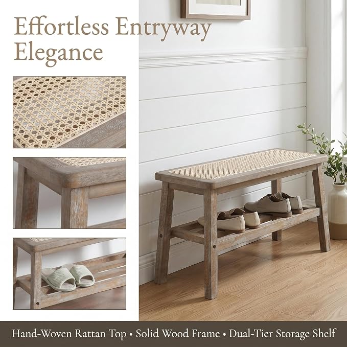 ROCITY Rattan Entryway Bench Wood Bench with Shoe Rack 30 Inch Small Bench Seat Storage Indoor Distressed Wooden Dining Bench Farmhouse Vintage Rustic Accent Bench for Porch/Dining Room/Living Room