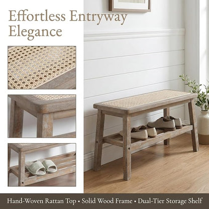 ROCITY Rattan Entryway Bench Wood Bench with Shoe Rack 30 Inch Small Bench Seat Storage Indoor Distressed Wooden Dining Bench Farmhouse Vintage Rustic Accent Bench for Porch/Dining Room/Living Room