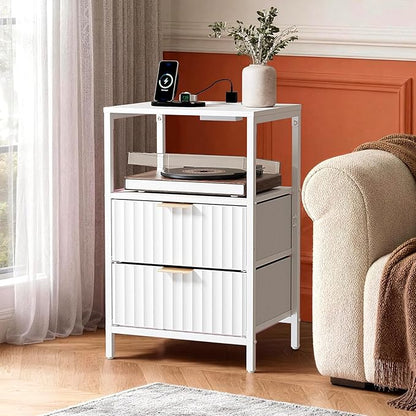 VINGLI White Nightstand with Charging Station and Fabric Drawers, Fluted Nightstand with Drawers, White Side Table/Night Stand with Charging Station for Bedroom, Dorm, 14.96" W*11.81" D*23.78" H
