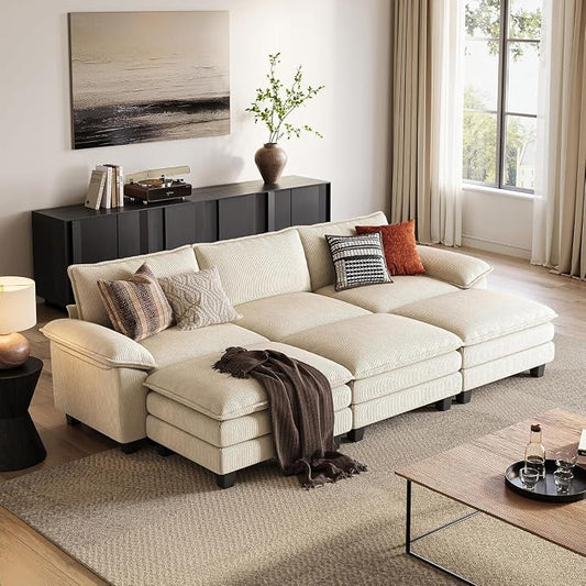 LINSY HOME 123'' Modular Sectional Sofa 3 Seat Couch Corduroy Cloud Couch with Deep Seat, Modern Cloud Couch with 3 Movable Ottoman for Living Room, Office, Bedroom, Beige