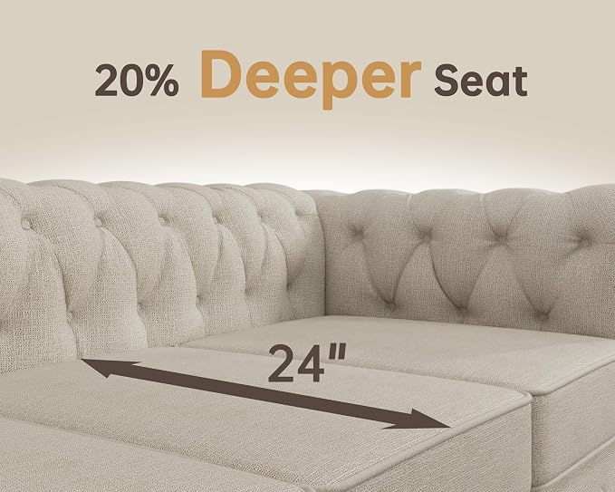Morden Fort 3 Piece Classic Chesterfield 6-Seater Set, Tufted Chair & Loveseat & Sofa Solid Wood Legs Thick Cushion, Pet-Friendly Couch Set Furniture for Living Room Bedroom Apartment, Linen Beige