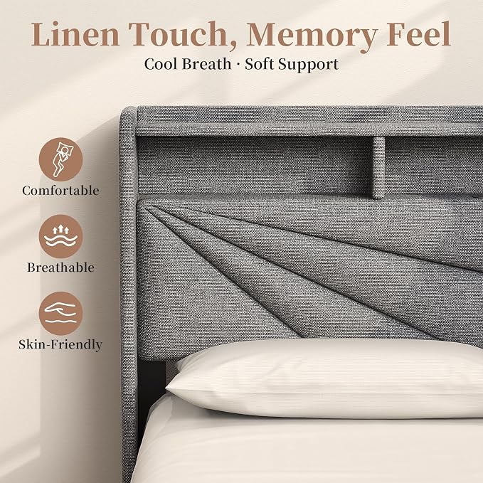Queen Bed Frame with Storage Headboard, Upholstered Queen Size Bed Frame with LED Lights, USB Charging Station & 2 Storage Drawers, No Box Spring Needed, Light Grey