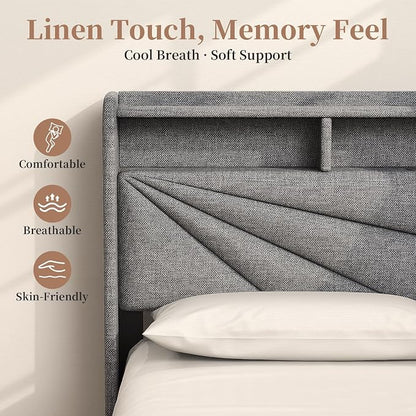 Full Size Bed Frame with Storage Headboard, Upholstered Full Bed Frame with LED Lights, USB Charging Station & 2 Storage Drawers, No Box Spring Needed, Light Grey