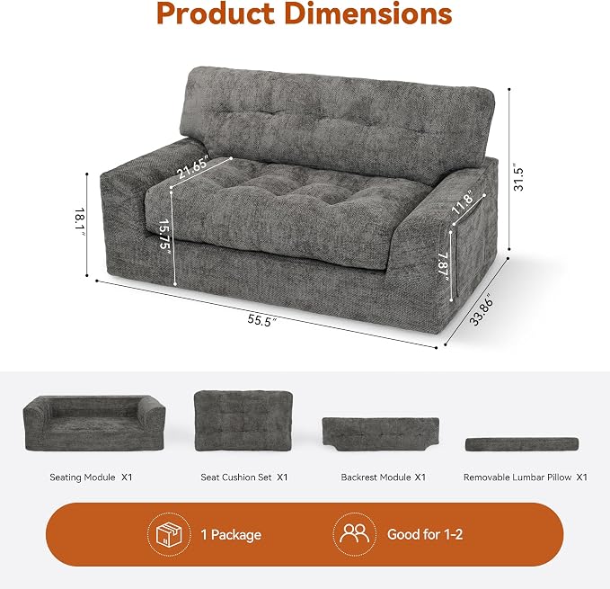 MONVANE 55.5" Convertible Loveseat Sofa, Comfy Chenille Cloud Couch with Storage Pocket, Modern Deep Seat Boneless Couch, 2 Seater Sofa for Living Room, No Assembly Required, Grey