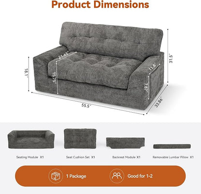 MONVANE 55.5" Convertible Loveseat Sofa, Comfy Chenille Cloud Couch with Storage Pocket, Modern Deep Seat Boneless Couch, 2 Seater Sofa for Living Room, No Assembly Required, Grey
