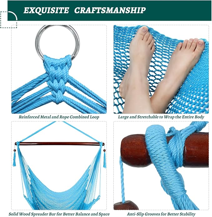 Caribbean Hammock Swing Chair with Spreader Bar, Large Hammock Chair, Hand Craft Rope Hanging Chair Outdoor, Indoor, Bedroom, 330 LBS Weight Capacity, Blue