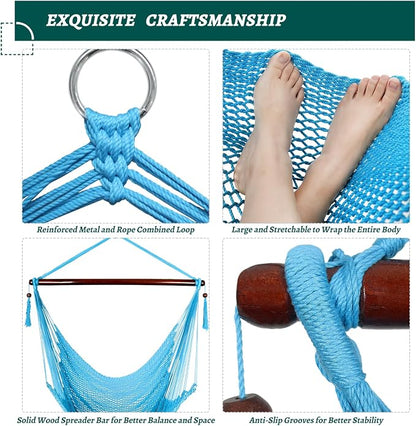Caribbean Hammock Swing Chair with Spreader Bar, Large Hammock Chair, Hand Craft Rope Hanging Chair Outdoor, Indoor, Bedroom, 330 LBS Weight Capacity, Blue
